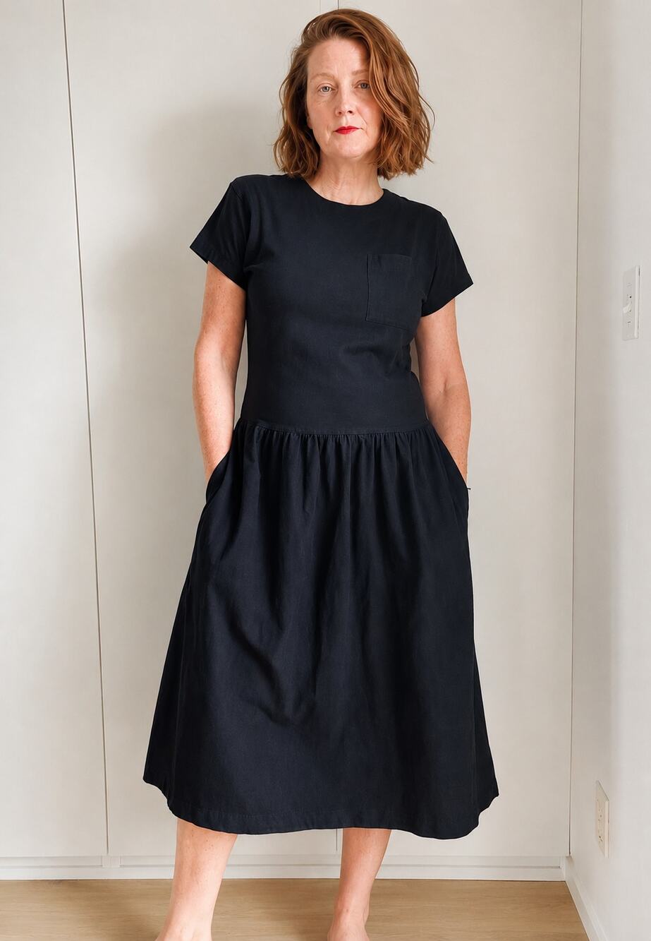 Vtg 90s Liz Wear Black T shirt dress Drop Waist Pockets Midi Fit Cotton S/M